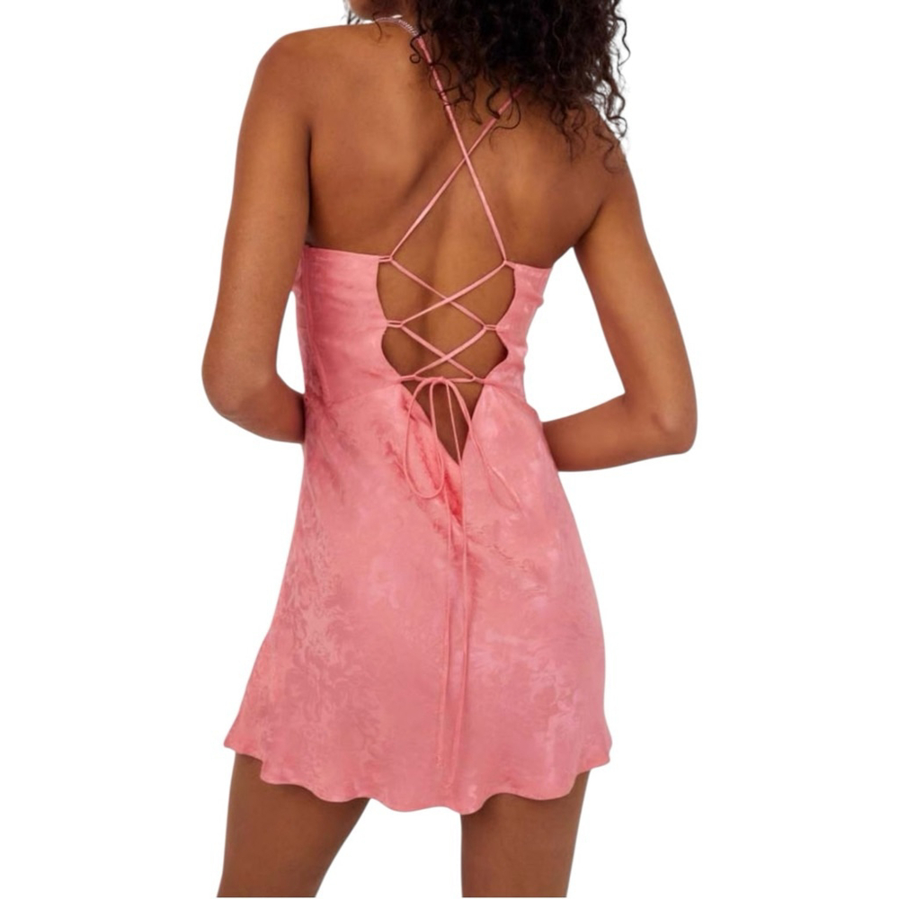 FOR LOVE & LEMONS Gabrielle Mini Dress Pink Satin Floral Rhinestone Strap XS - Picture 2 of 9
